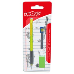 Portaminas Arte & Stillo® con minas hb 0.5 y goma de borrar - violeta, rosado, azul, verde - 8.4x21.8cm
