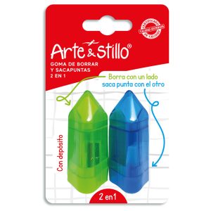 Sacapuntas y goma Arte & Stillo® 2 en 1 x2 - verde, azul, rosado, violeta - 8.5x13.7cm